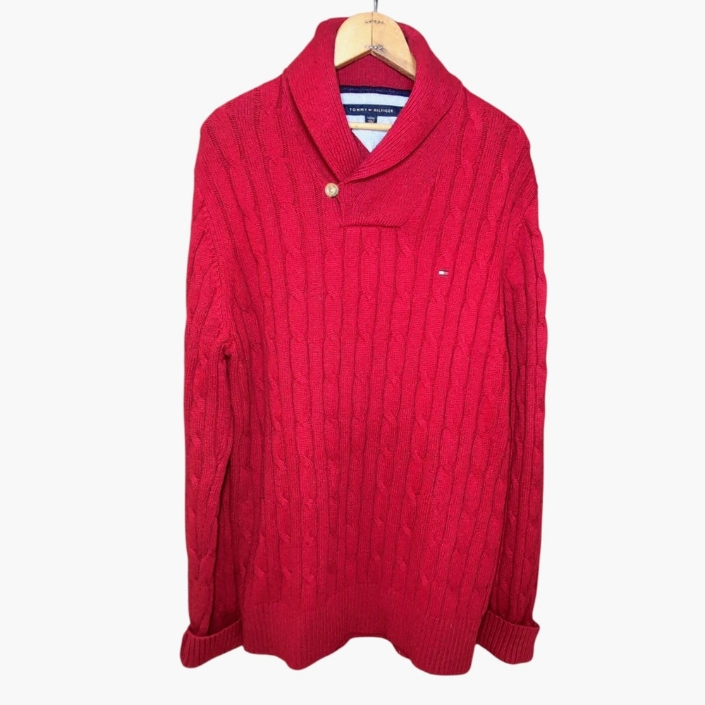 Tommy Hilfiger Red Shawl Collar Cotton Wool Cable Knit Sweater Mens EXTRA LARGE
